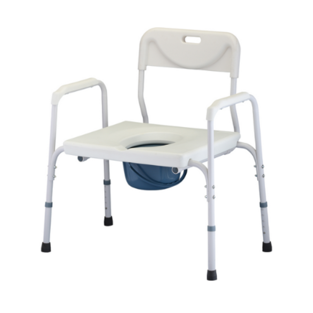 The Nova Heavy Duty Bedside Commode is a versatile white chair with drop armrests, a backrest for easy lateral transfers, adjustable metal legs, and features a removable blue bucket under the seat. It can be used standalone or over the toilet.